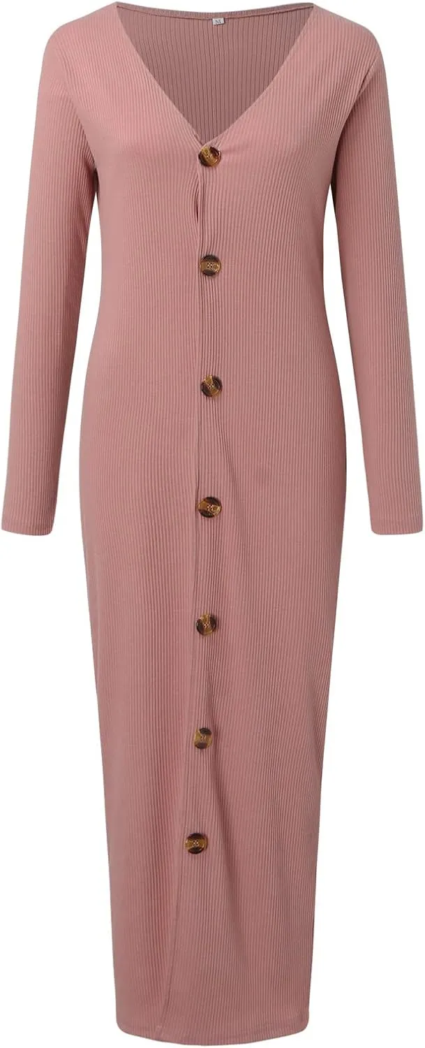 Womens Ribbed Knit Maxi Dresses Long Sleeve V Neck Casual Sweater Dress Button Down Bodycon Midi Dress
