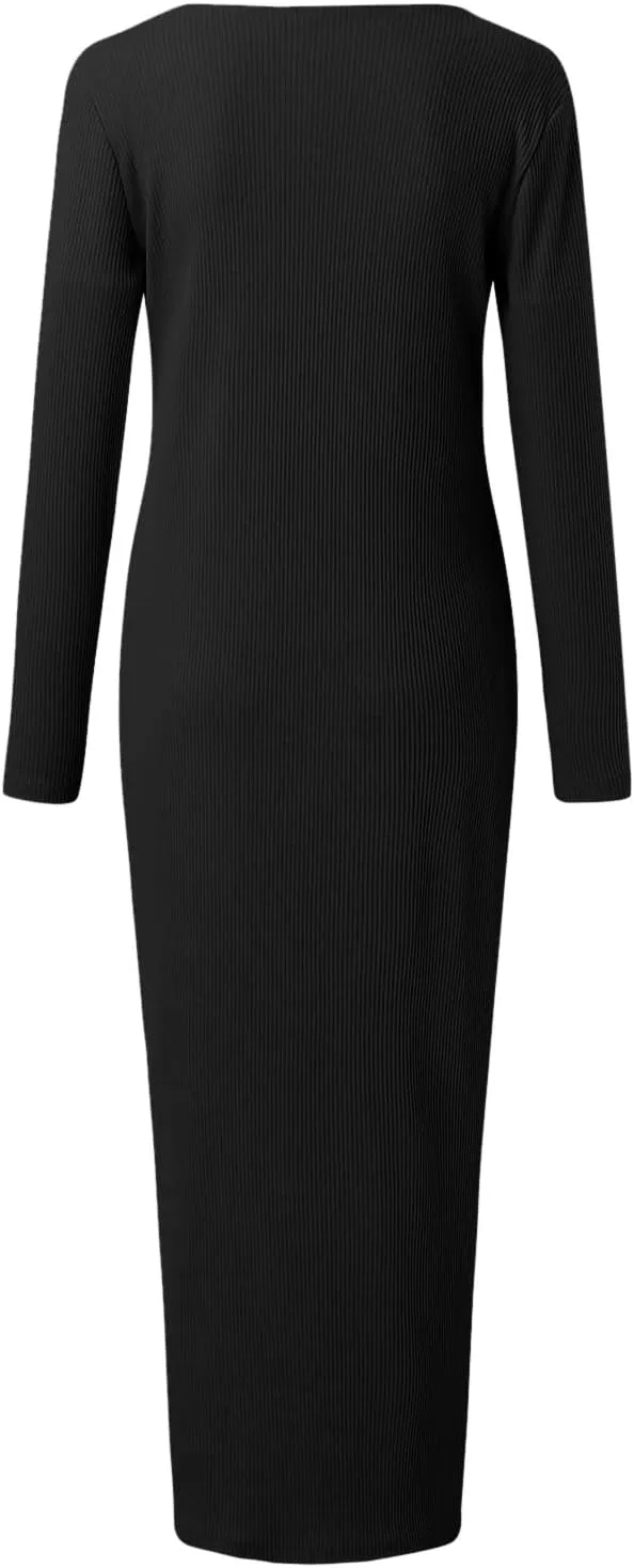 Womens Ribbed Knit Maxi Dresses Long Sleeve V Neck Casual Sweater Dress Button Down Bodycon Midi Dress