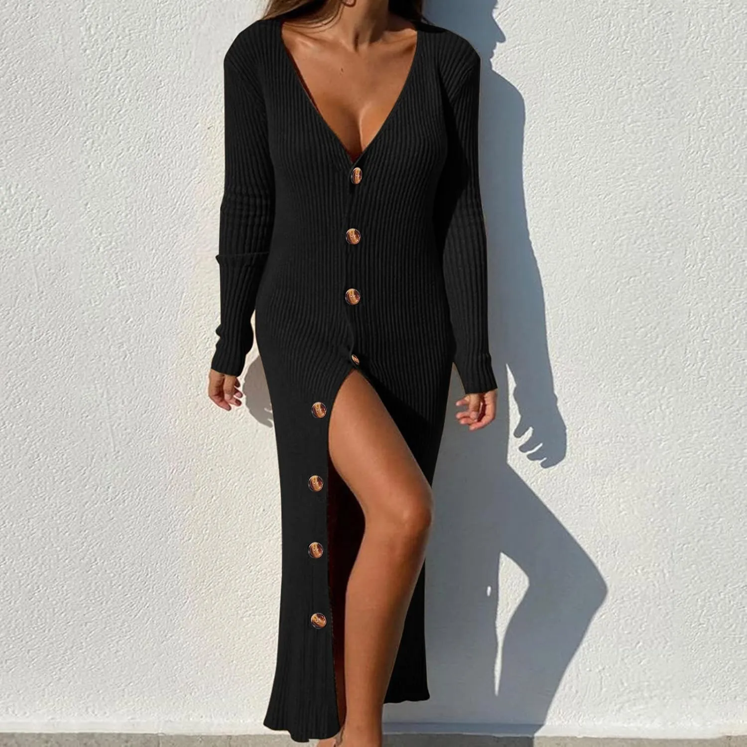 Womens Ribbed Knit Maxi Dresses Long Sleeve V Neck Casual Sweater Dress Button Down Bodycon Midi Dress