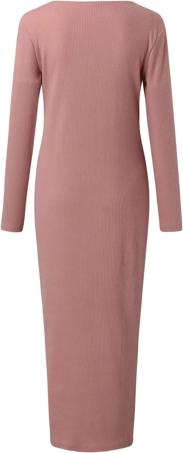Womens Ribbed Knit Maxi Dresses Long Sleeve V Neck Casual Sweater Dress Button Down Bodycon Midi Dress