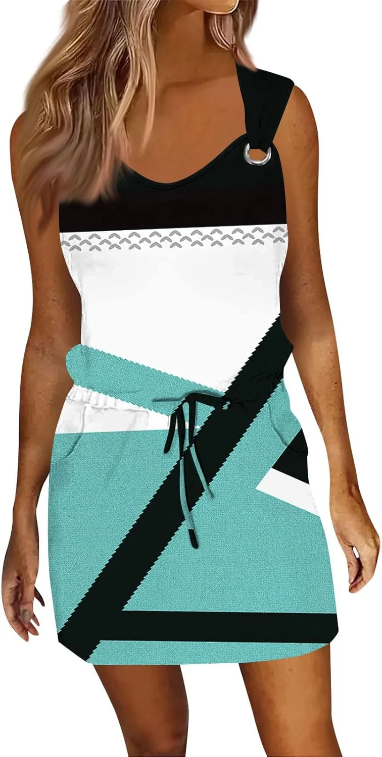 Women's Sleeveless Color Block Casual Dress with Drawstring Waist,Summer Fashion Comfortable and Stylish