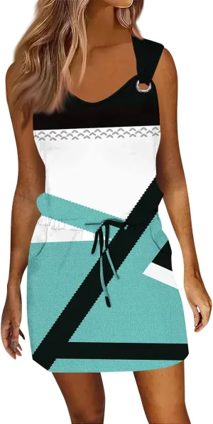 Women's Sleeveless Color Block Casual Dress with Drawstring Waist,Summer Fashion Comfortable and Stylish