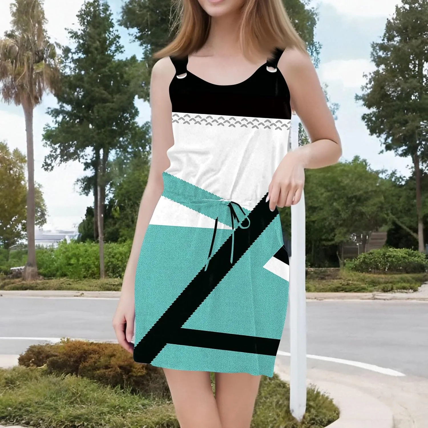 Women's Sleeveless Color Block Casual Dress with Drawstring Waist,Summer Fashion Comfortable and Stylish