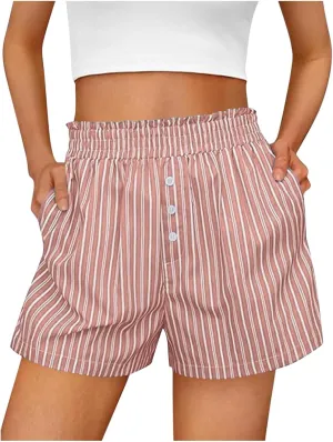 Women's Striped Boxer Shorts Summer 2025 Trendy Casual Elastic Lounge Sleep Pajama Bottoms Beach Shorts with Pockets
