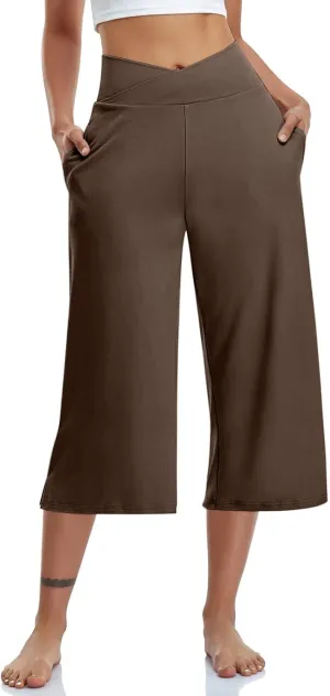 Womens Summer 3/4 Pants Flowy High Waisted Loose Casual Lounge Pant Wide Leg Palazzo Capris Elastic with Pockets