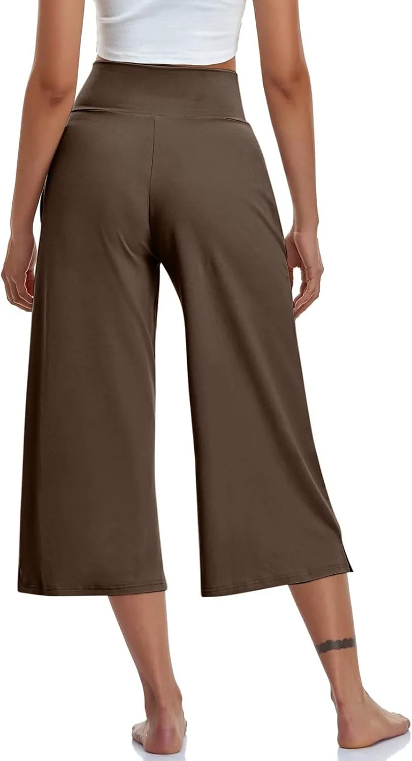 Womens Summer 3/4 Pants Flowy High Waisted Loose Casual Lounge Pant Wide Leg Palazzo Capris Elastic with Pockets