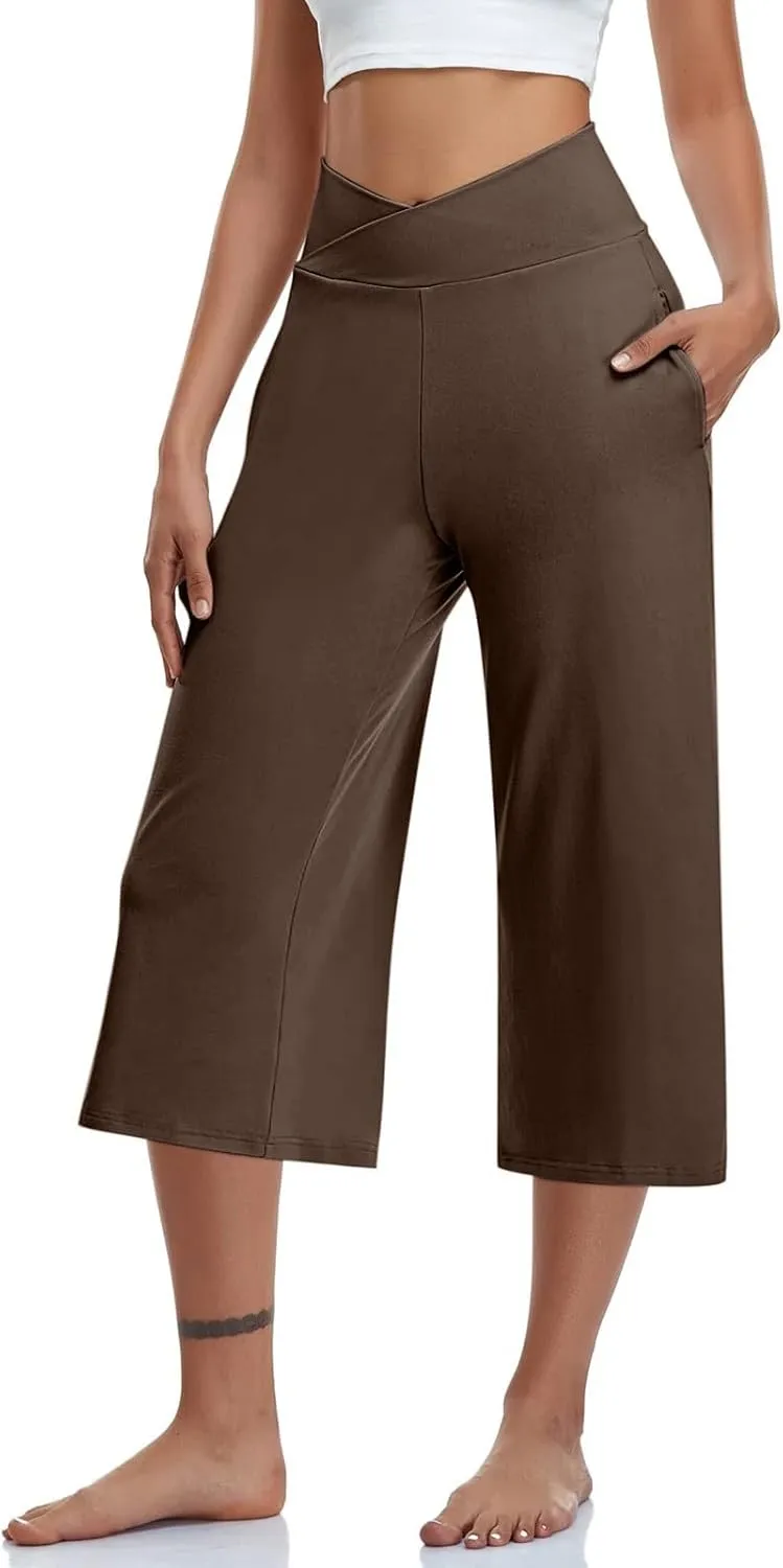 Womens Summer 3/4 Pants Flowy High Waisted Loose Casual Lounge Pant Wide Leg Palazzo Capris Elastic with Pockets
