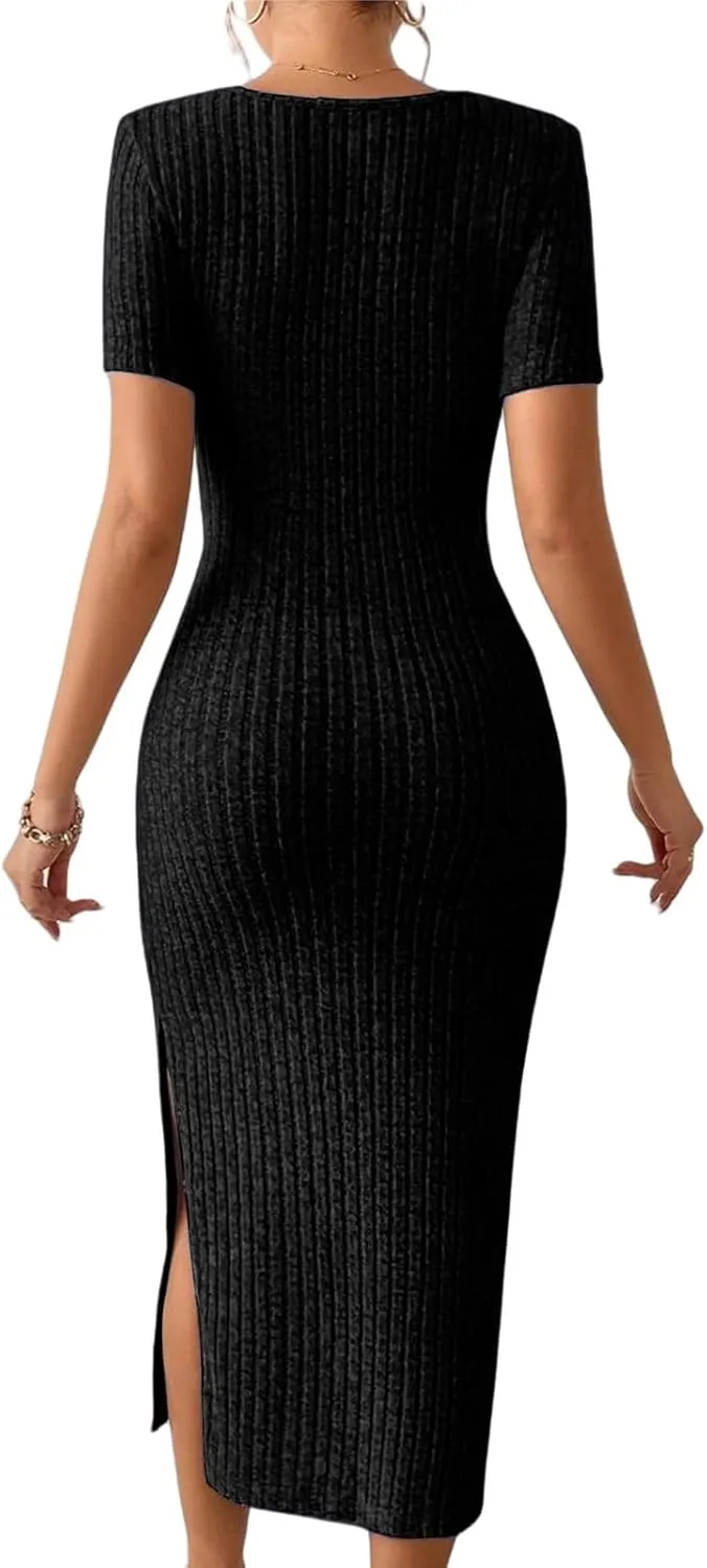 Womens Summer Bodycon Sundress Casual Short Sleeve Square Neck Midi Dresses Ribbed Knit Side Slit Beach Vacation Dress