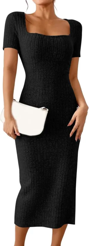 Womens Summer Bodycon Sundress Casual Short Sleeve Square Neck Midi Dresses Ribbed Knit Side Slit Beach Vacation Dress
