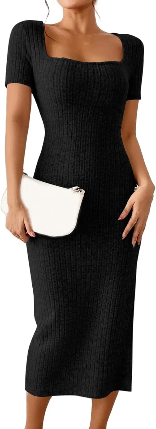 Womens Summer Bodycon Sundress Casual Short Sleeve Square Neck Midi Dresses Ribbed Knit Side Slit Beach Vacation Dress
