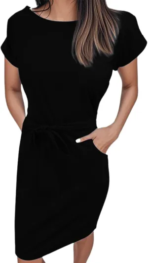 Women's Summer Dresses Crewneck Short Sleeve T Shirt Dress Solid Business Casual Tie Waist Mini Dress with Pockets