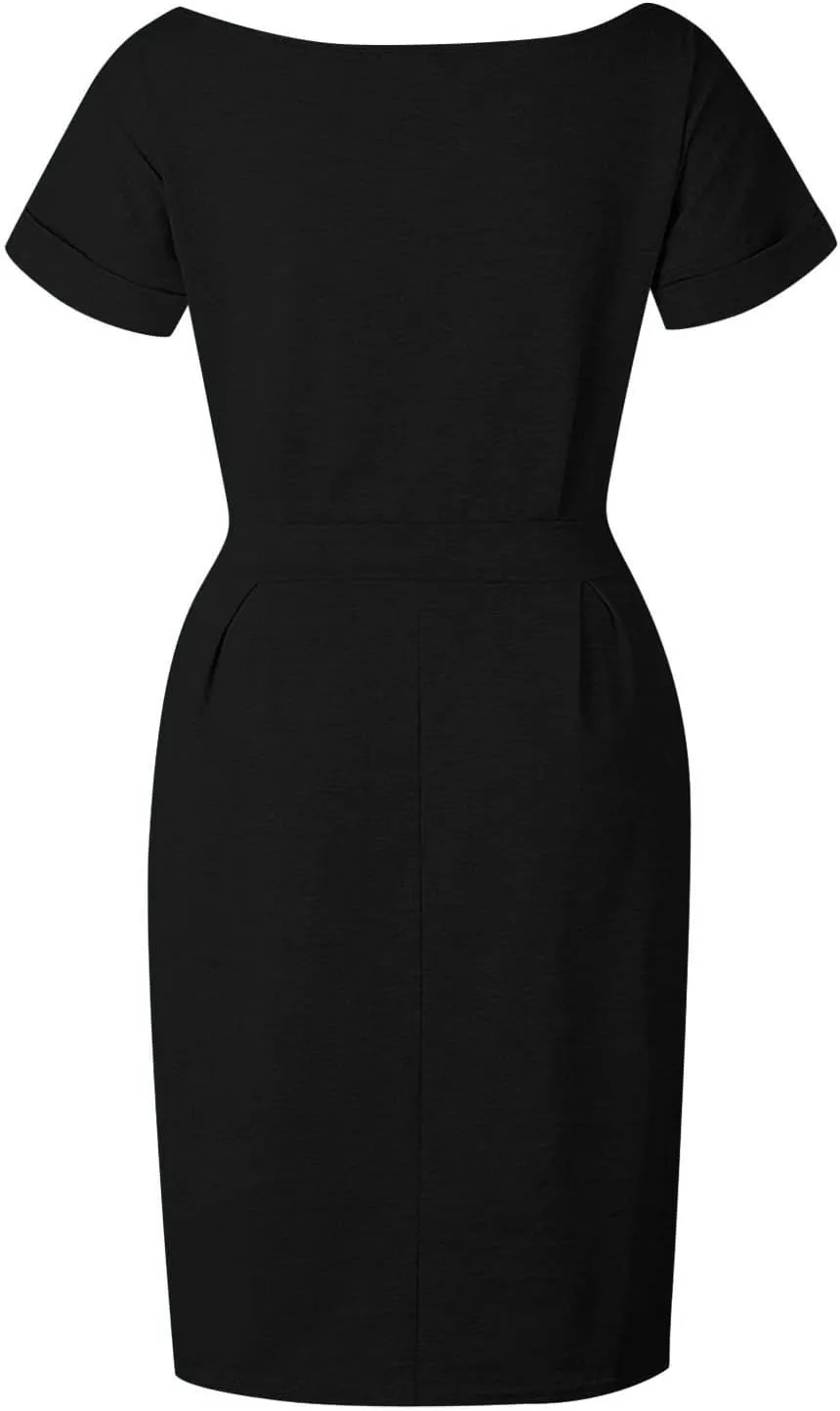 Women's Summer Dresses Crewneck Short Sleeve T Shirt Dress Solid Business Casual Tie Waist Mini Dress with Pockets