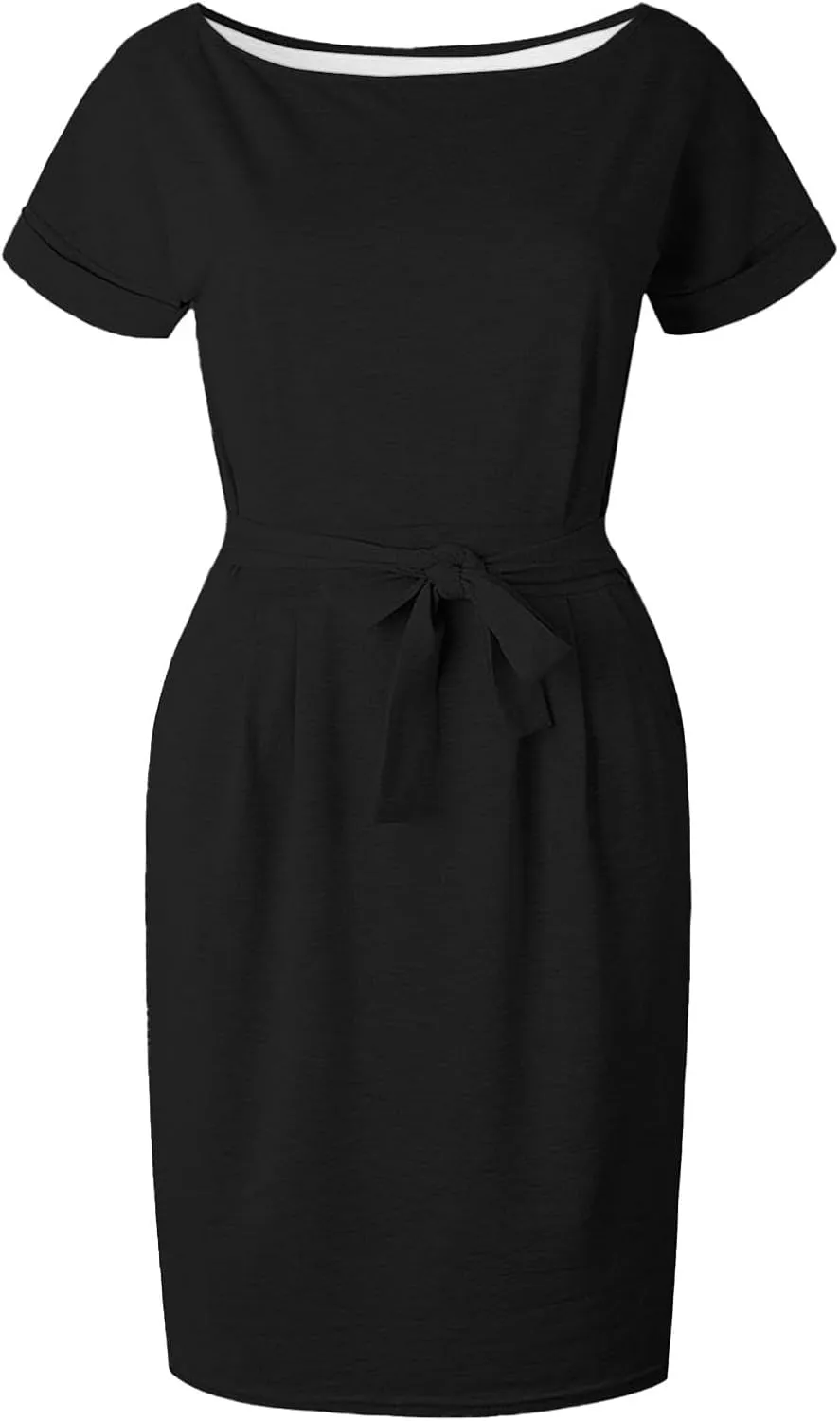 Women's Summer Dresses Crewneck Short Sleeve T Shirt Dress Solid Business Casual Tie Waist Mini Dress with Pockets
