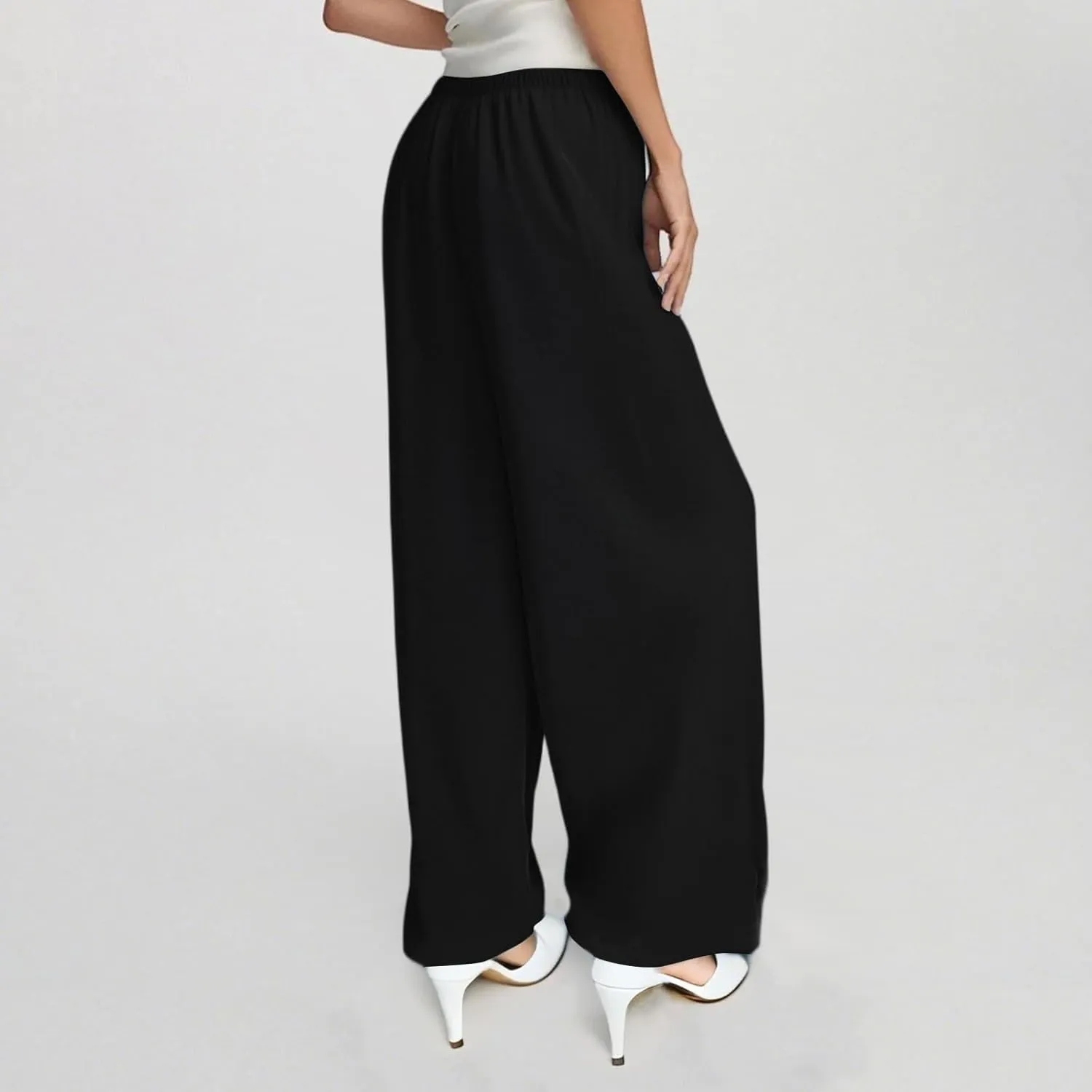 Women's Summer Elastic Waist Wide Leg Pants 2025 Solid Color Cotton Linen Lounge Flowy Long Trousers