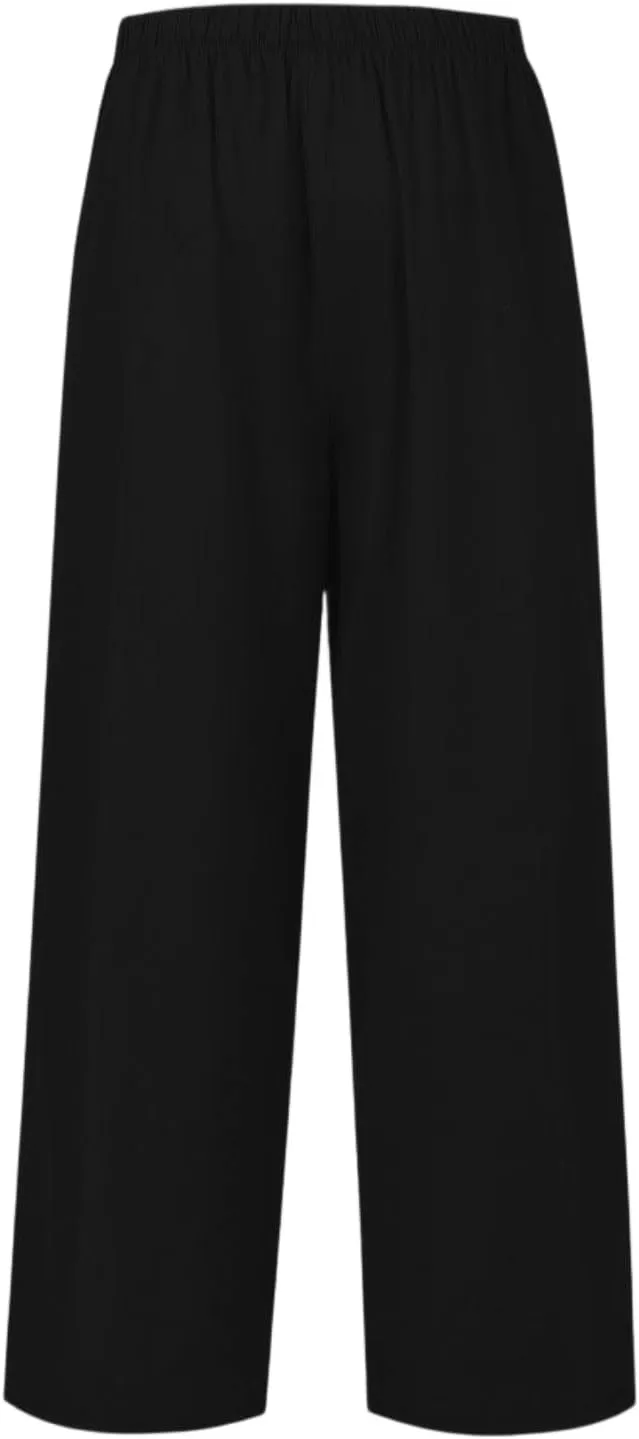 Women's Summer Elastic Waist Wide Leg Pants 2025 Solid Color Cotton Linen Lounge Flowy Long Trousers
