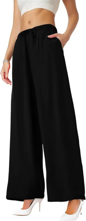 Women's Summer Elastic Waist Wide Leg Pants 2025 Solid Color Cotton Linen Lounge Flowy Long Trousers