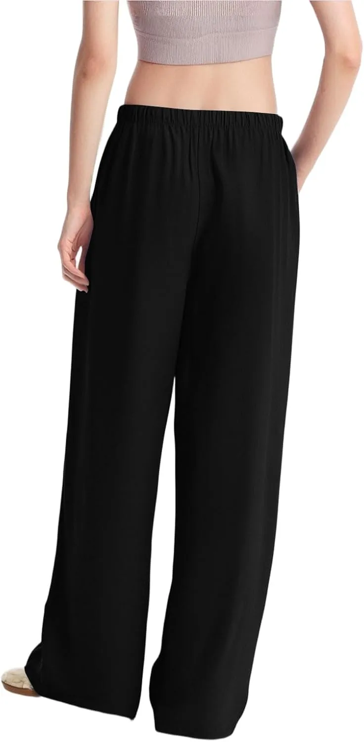Women's Summer Elastic Waist Wide Leg Pants 2025 Solid Color Cotton Linen Lounge Flowy Long Trousers