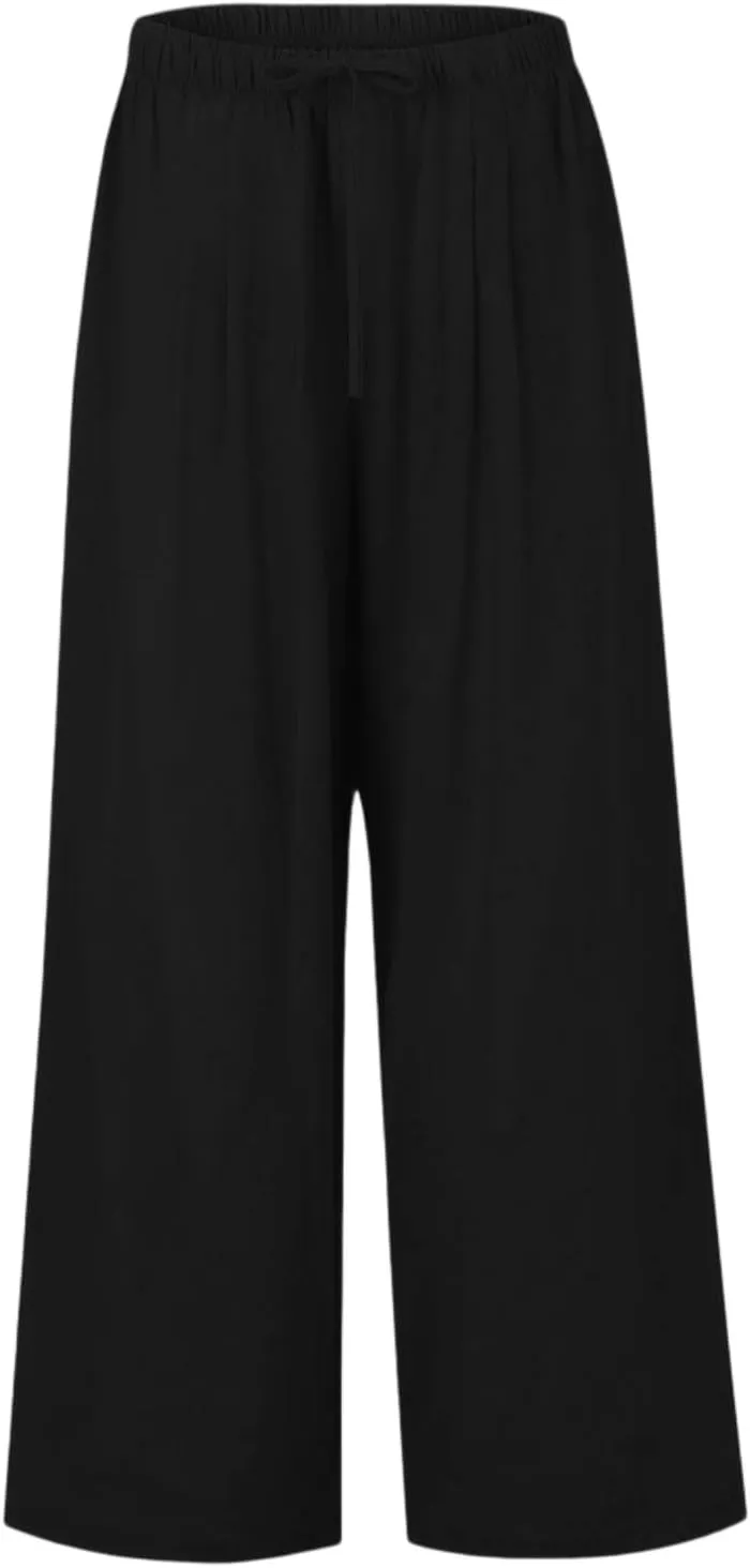 Women's Summer Elastic Waist Wide Leg Pants 2025 Solid Color Cotton Linen Lounge Flowy Long Trousers