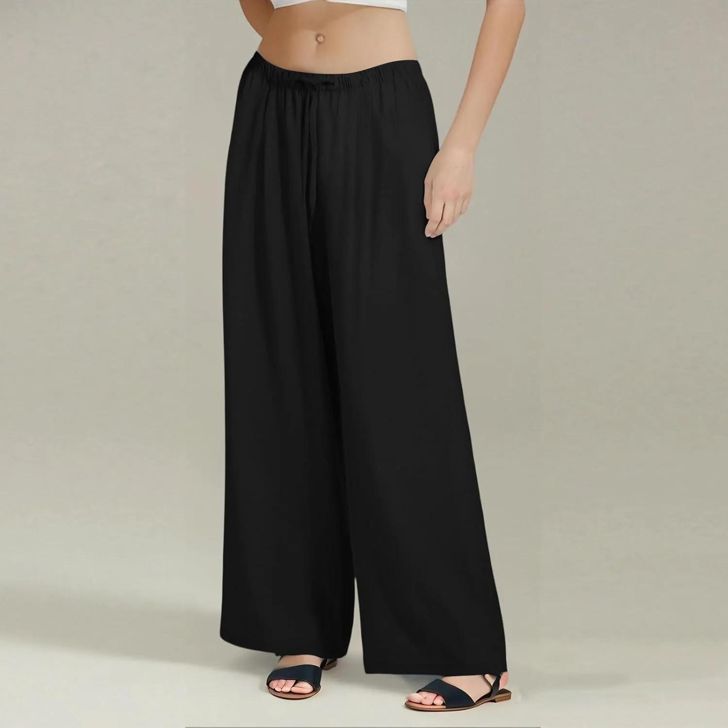 Women's Summer Elastic Waist Wide Leg Pants 2025 Solid Color Cotton Linen Lounge Flowy Long Trousers