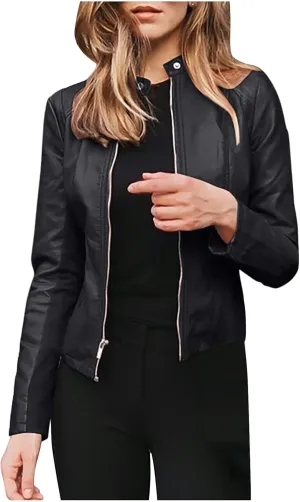 Women's Winter Leather Jackets Faux Motorcycle Moto Biker Coat Short Quilted Lightweight Vegan Pu Outerwear