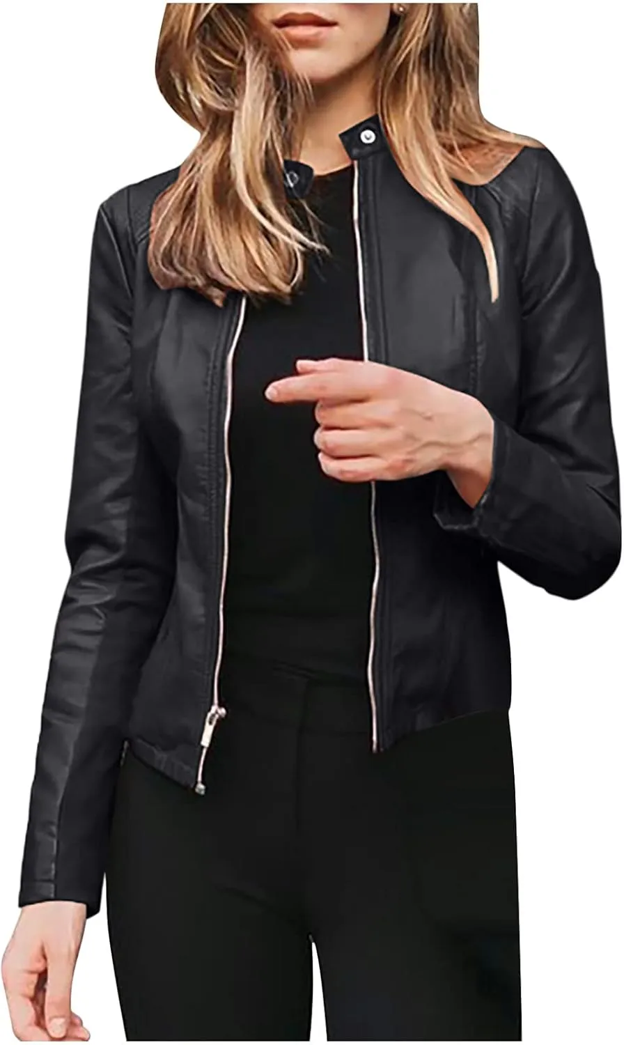 Women's Winter Leather Jackets Faux Motorcycle Moto Biker Coat Short Quilted Lightweight Vegan Pu Outerwear