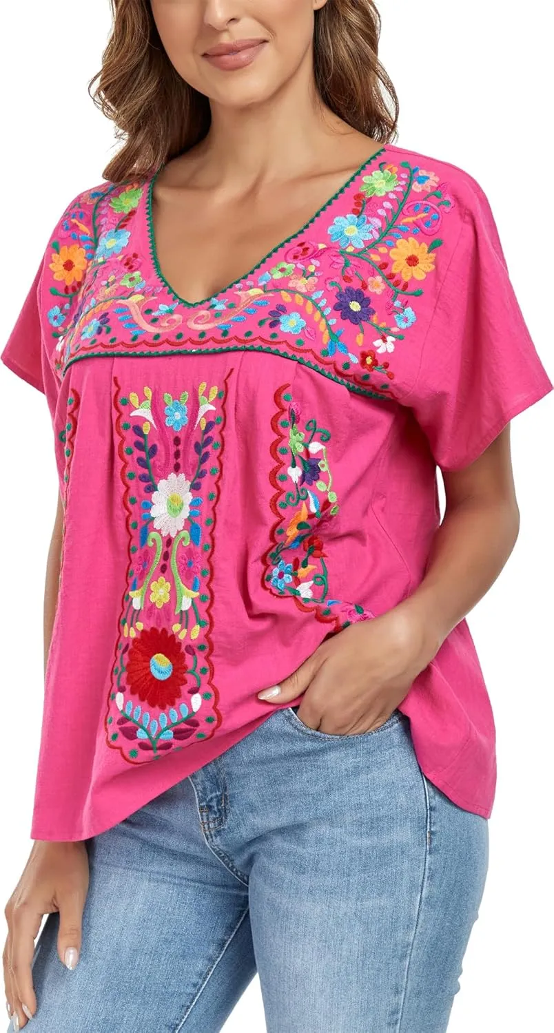 YZXDORWJ Women's Mexican V Neck Top Peasant Embroidered Blouse Traditional Summer Short Sleeve Shirt
