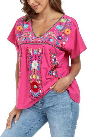YZXDORWJ Women's Mexican V Neck Top Peasant Embroidered Blouse Traditional Summer Short Sleeve Shirt