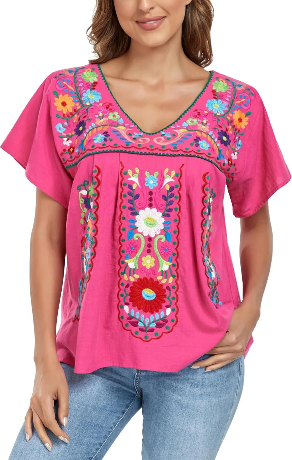 YZXDORWJ Women's Mexican V Neck Top Peasant Embroidered Blouse Traditional Summer Short Sleeve Shirt