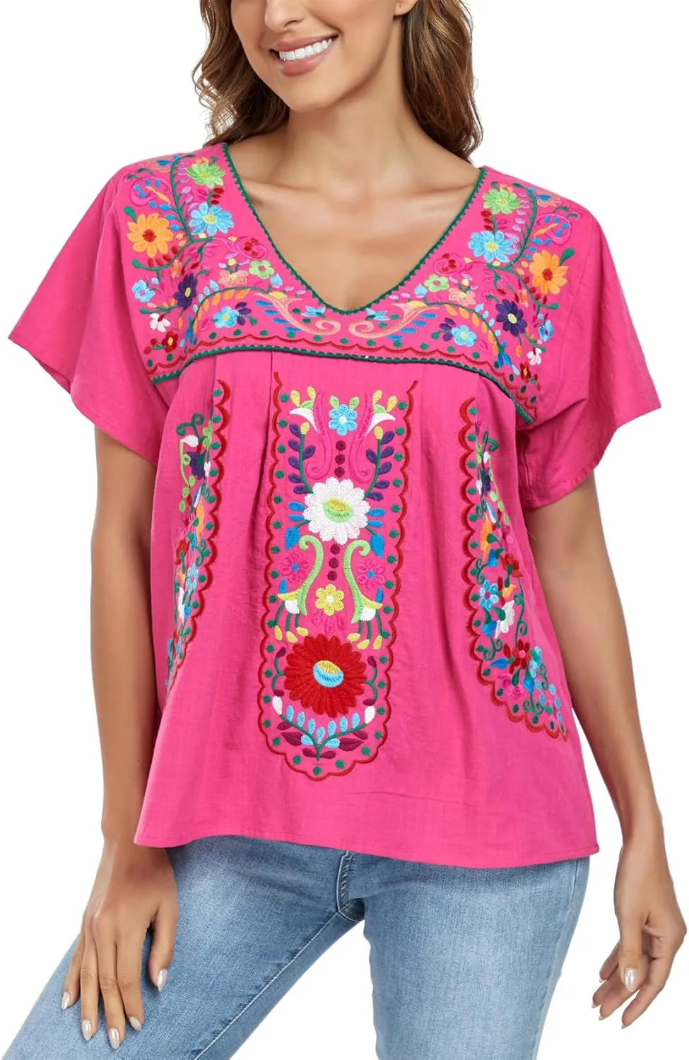 YZXDORWJ Women's Mexican V Neck Top Peasant Embroidered Blouse Traditional Summer Short Sleeve Shirt