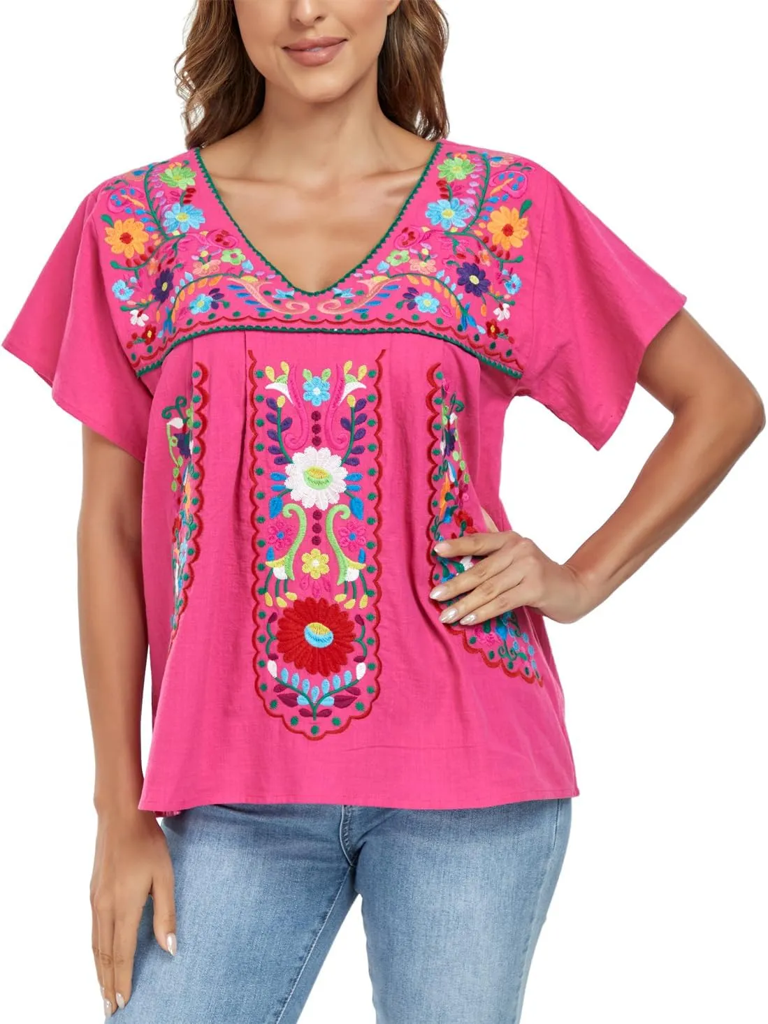 YZXDORWJ Women's Mexican V Neck Top Peasant Embroidered Blouse Traditional Summer Short Sleeve Shirt