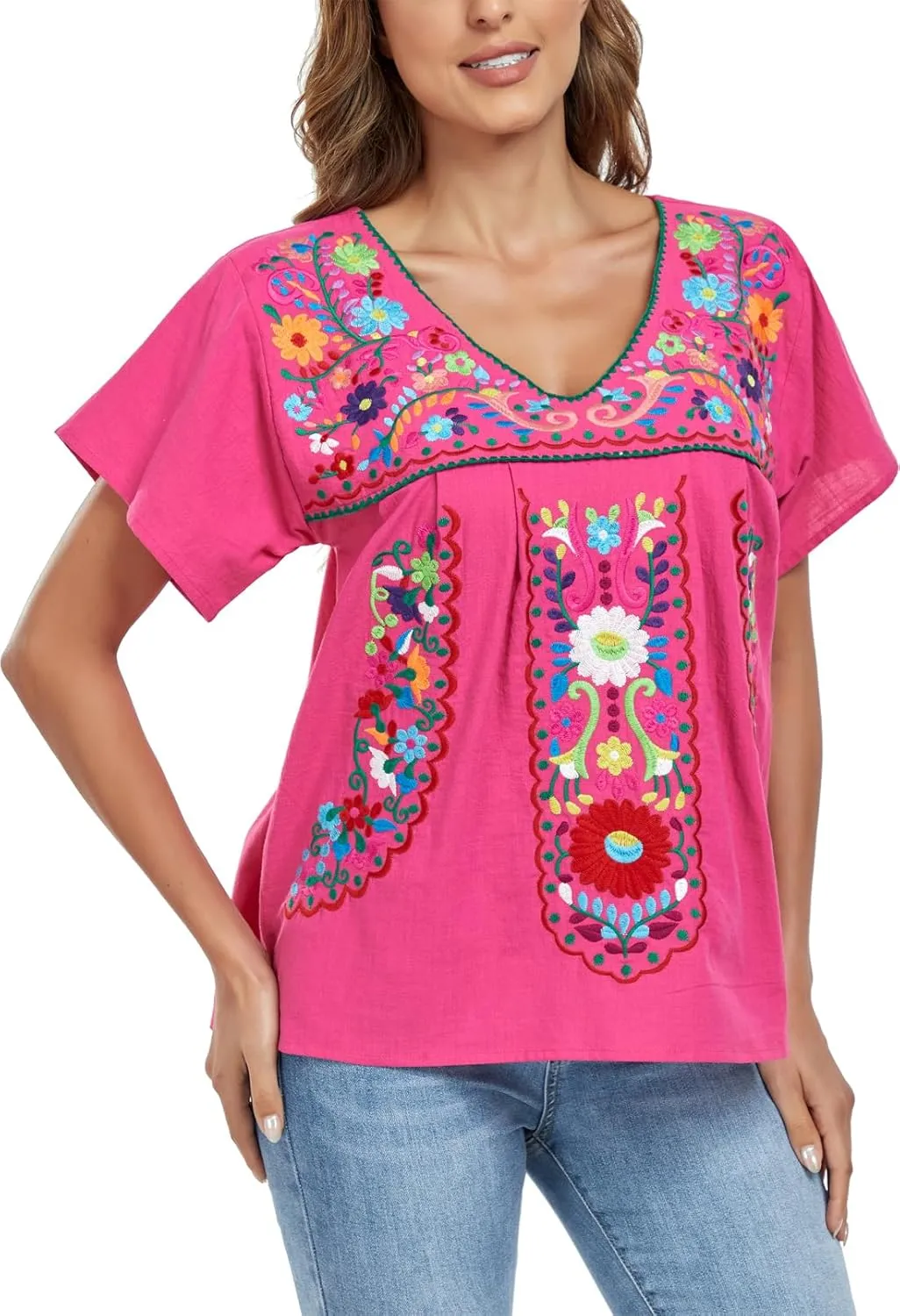 YZXDORWJ Women's Mexican V Neck Top Peasant Embroidered Blouse Traditional Summer Short Sleeve Shirt