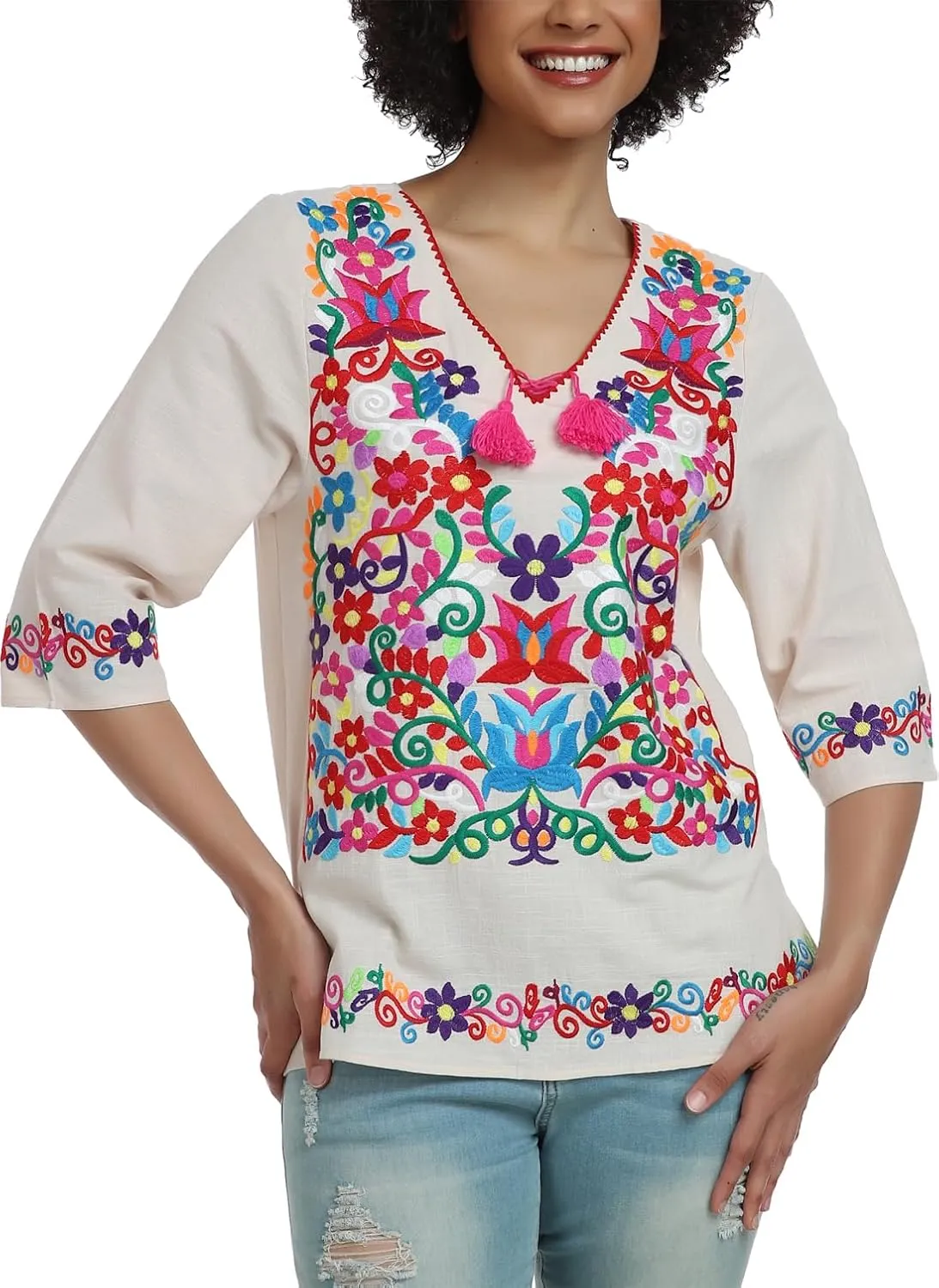 YZXDORWJ Women's Summer Embroidered Mexican Shirts Short Sleeve Casual Tops Blouse