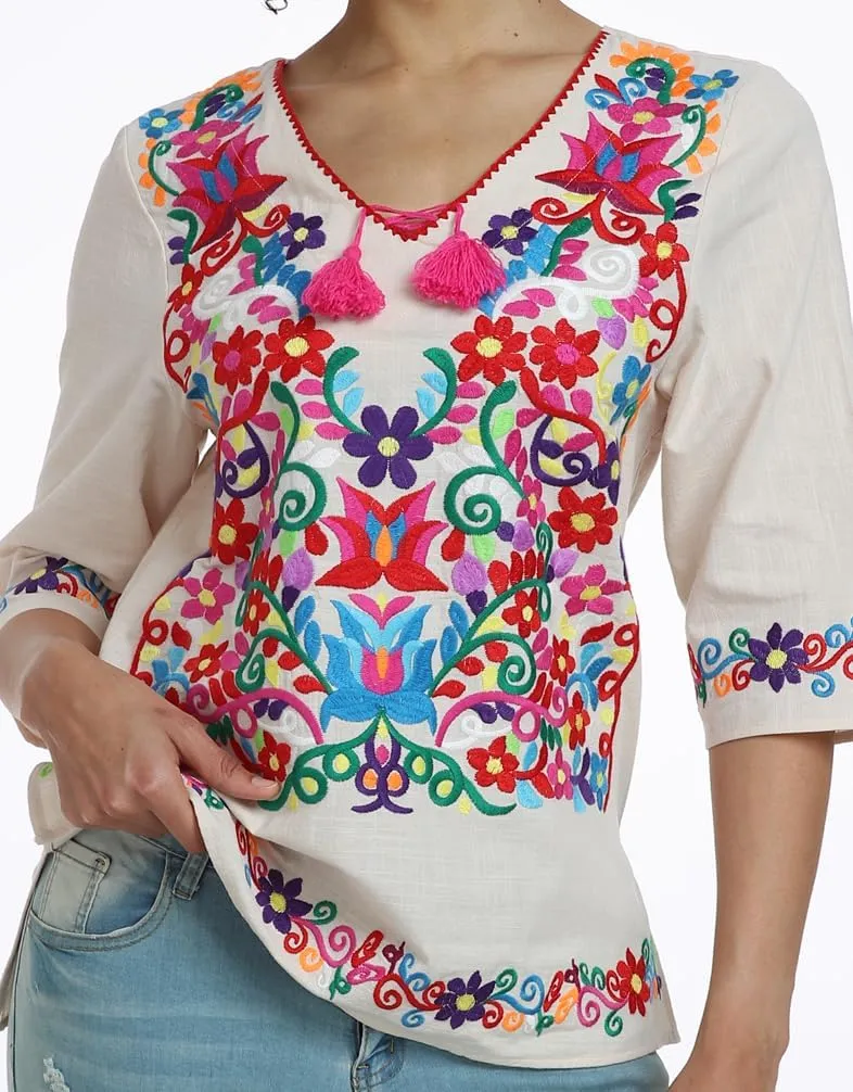 YZXDORWJ Women's Summer Embroidered Mexican Shirts Short Sleeve Casual Tops Blouse