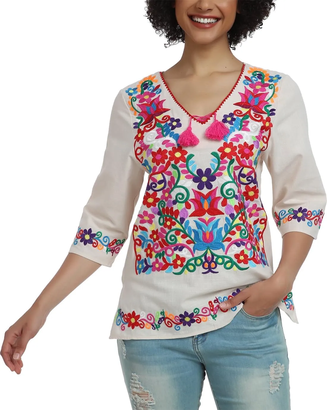 YZXDORWJ Women's Summer Embroidered Mexican Shirts Short Sleeve Casual Tops Blouse