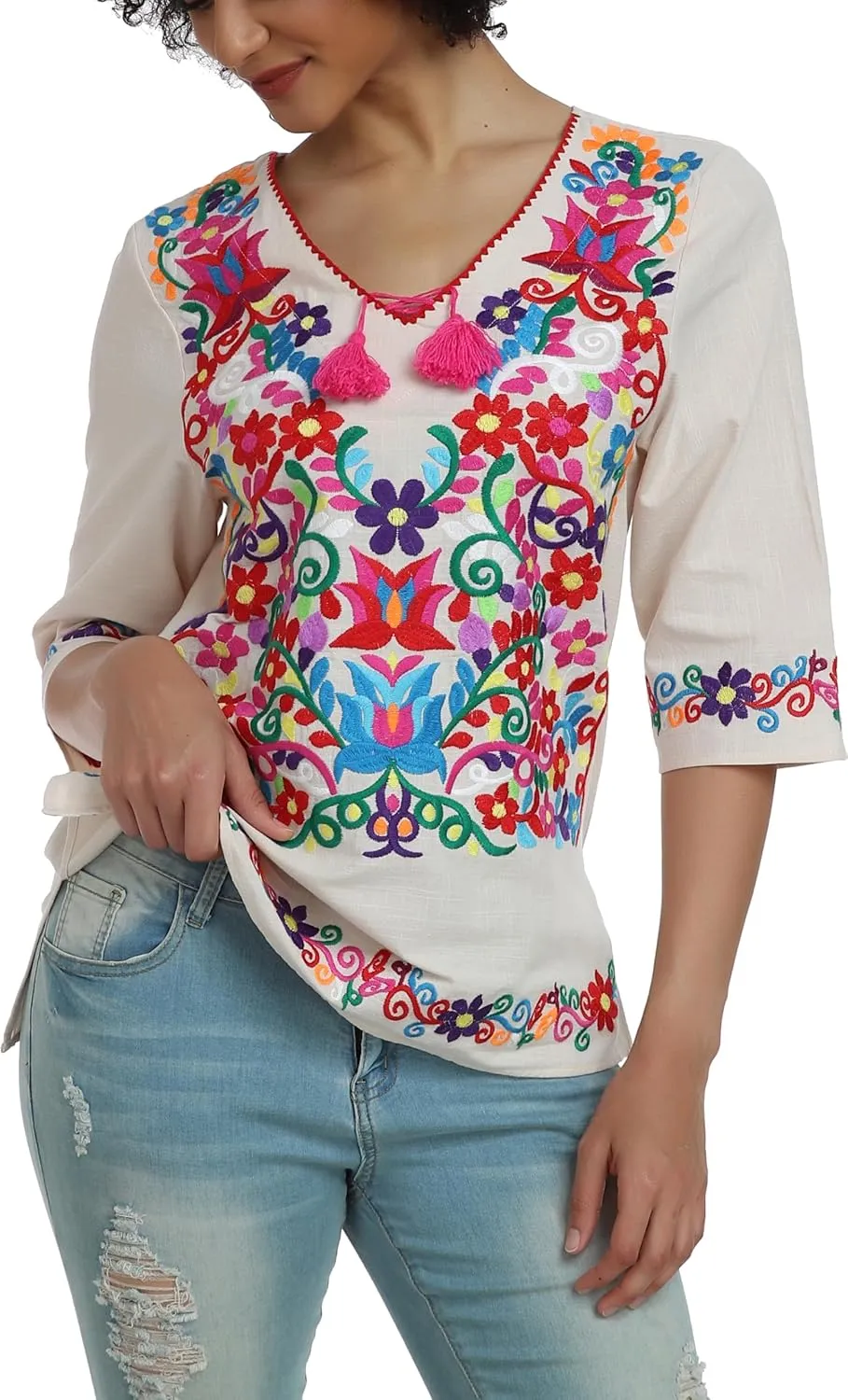 YZXDORWJ Women's Summer Embroidered Mexican Shirts Short Sleeve Casual Tops Blouse