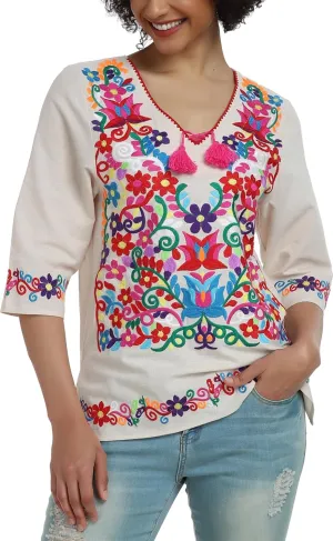 YZXDORWJ Women's Summer Embroidered Mexican Shirts Short Sleeve Casual Tops Blouse
