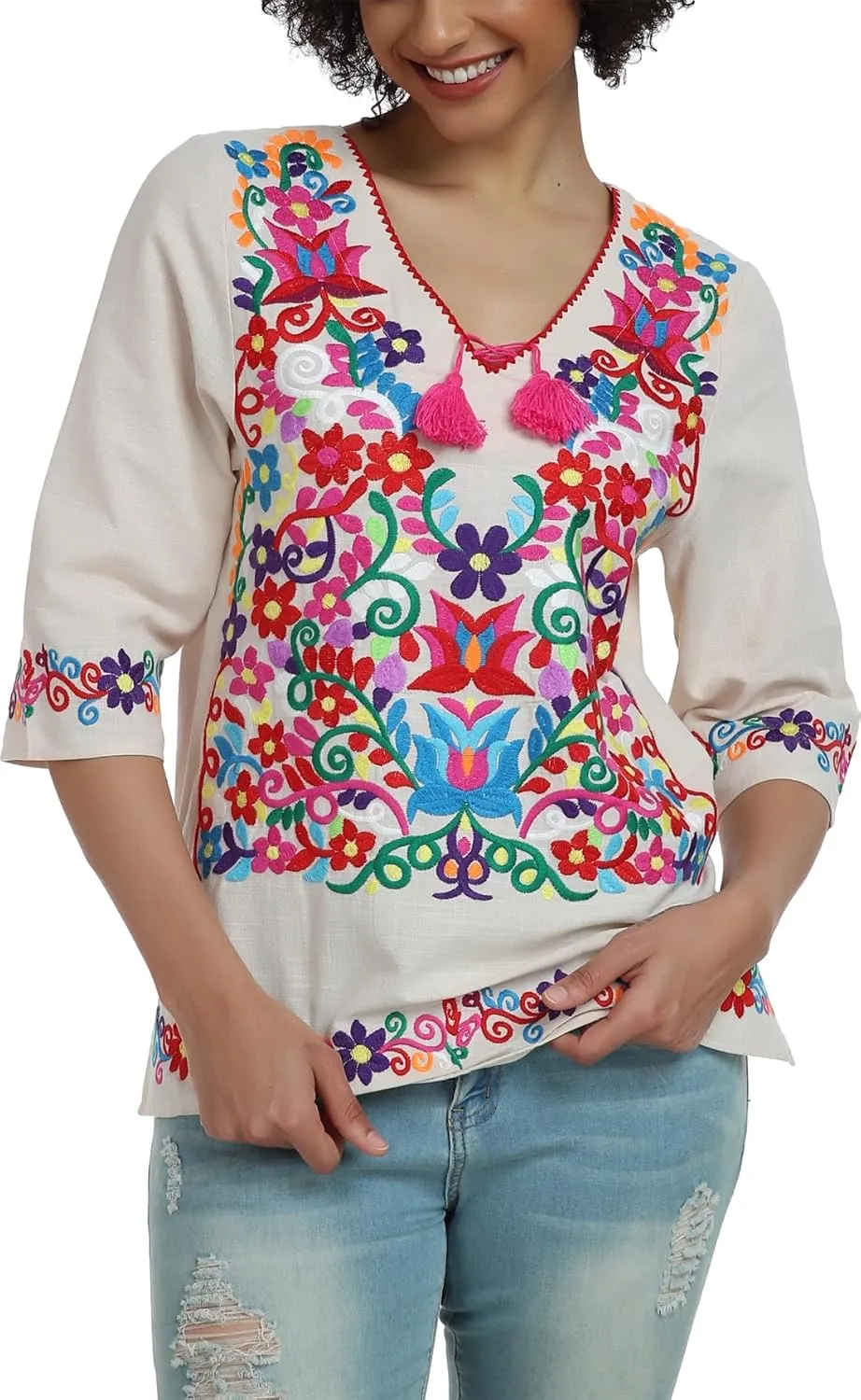 YZXDORWJ Women's Summer Embroidered Mexican Shirts Short Sleeve Casual Tops Blouse