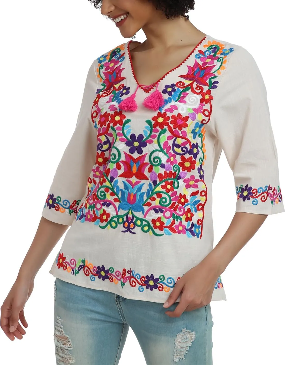 YZXDORWJ Women's Summer Embroidered Mexican Shirts Short Sleeve Casual Tops Blouse