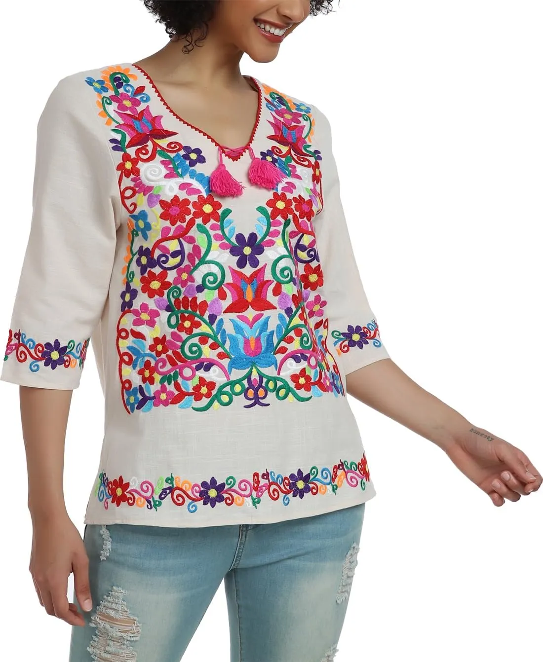 YZXDORWJ Women's Summer Embroidered Mexican Shirts Short Sleeve Casual Tops Blouse